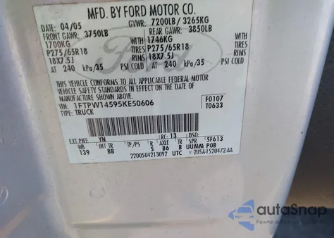 2005 Ford F-150 Fx4/Lariat/Xlt from USA, damaged, VIN 1FTPW14595KE50606